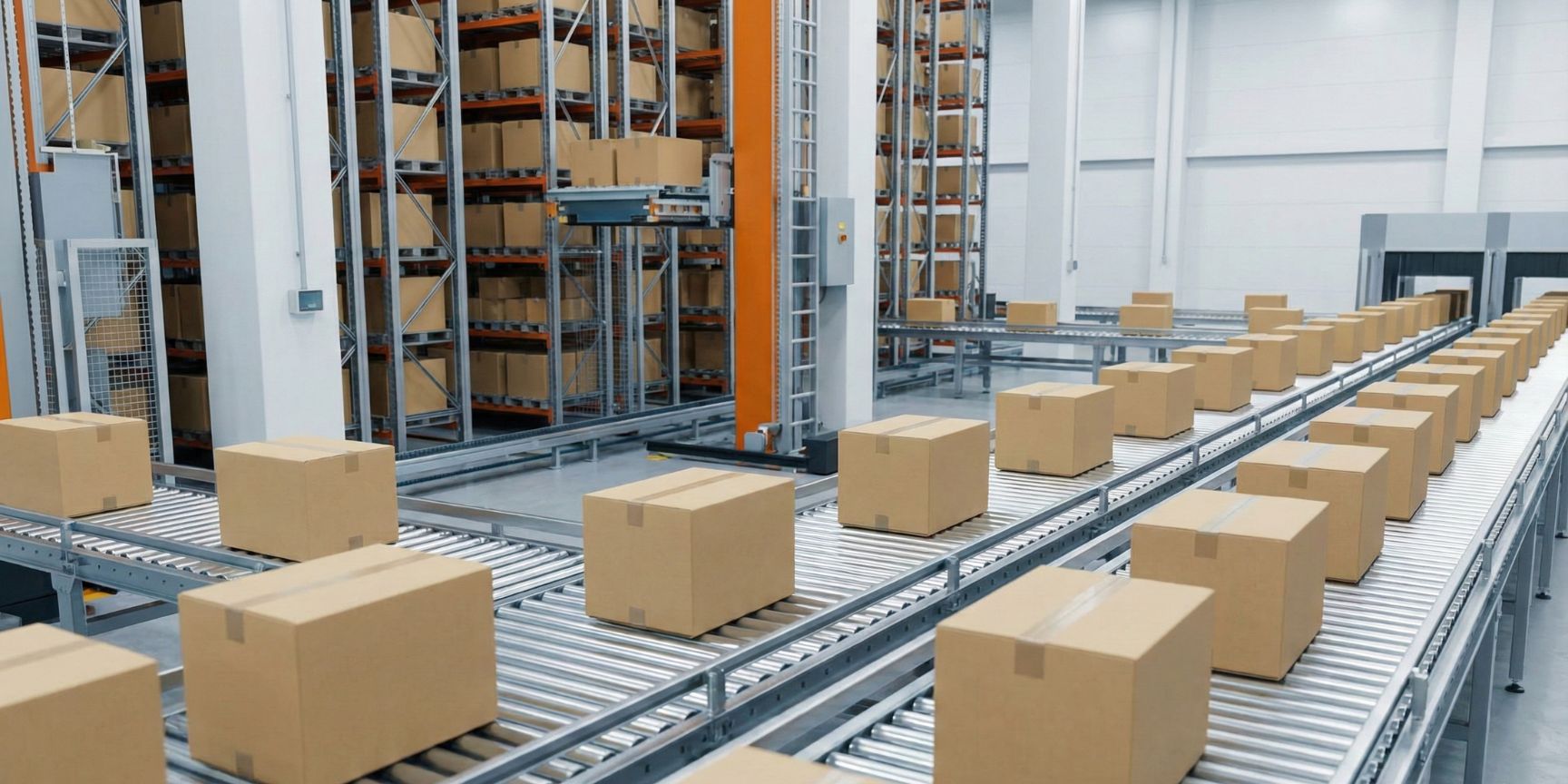Automated conveyor system in a logistics center that transports a large number of similar boxes. In the background, an automated small parts warehouse (AS/RS) with a storage and retrieval machine can be seen, ideal for handling high-speed high-speed machines